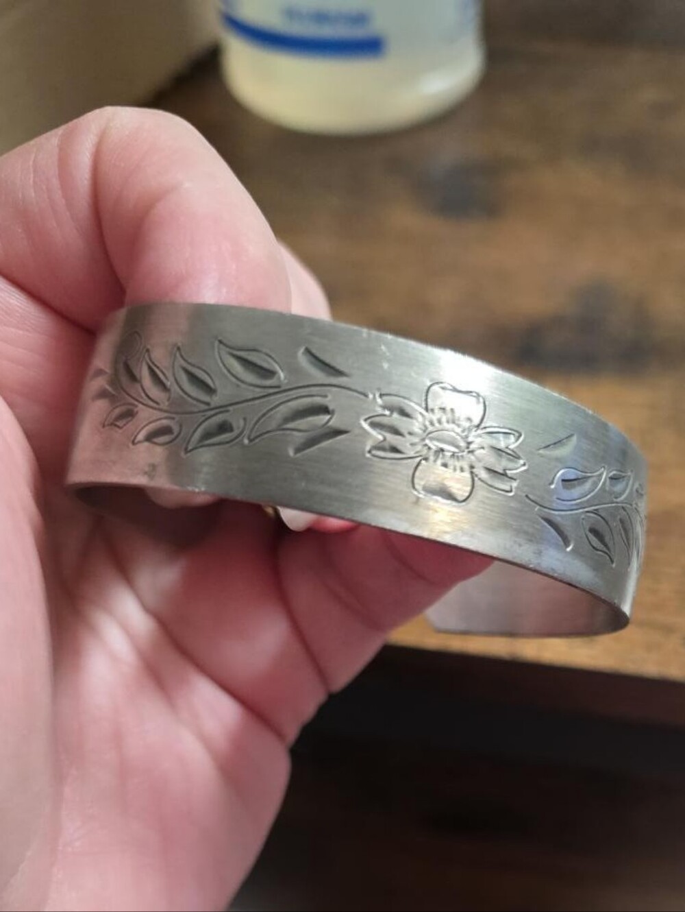 Pewter-Style Floral Engraved Silver Cuff Bracelet - Women's Jewelry
